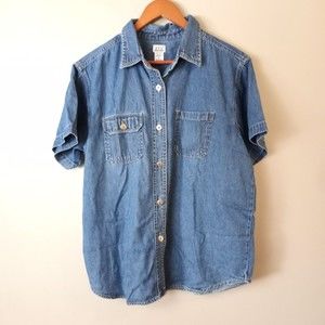 D.P.S. New York Button Up Denim Top Womens XL Blue Classic Retro Short Sleeve